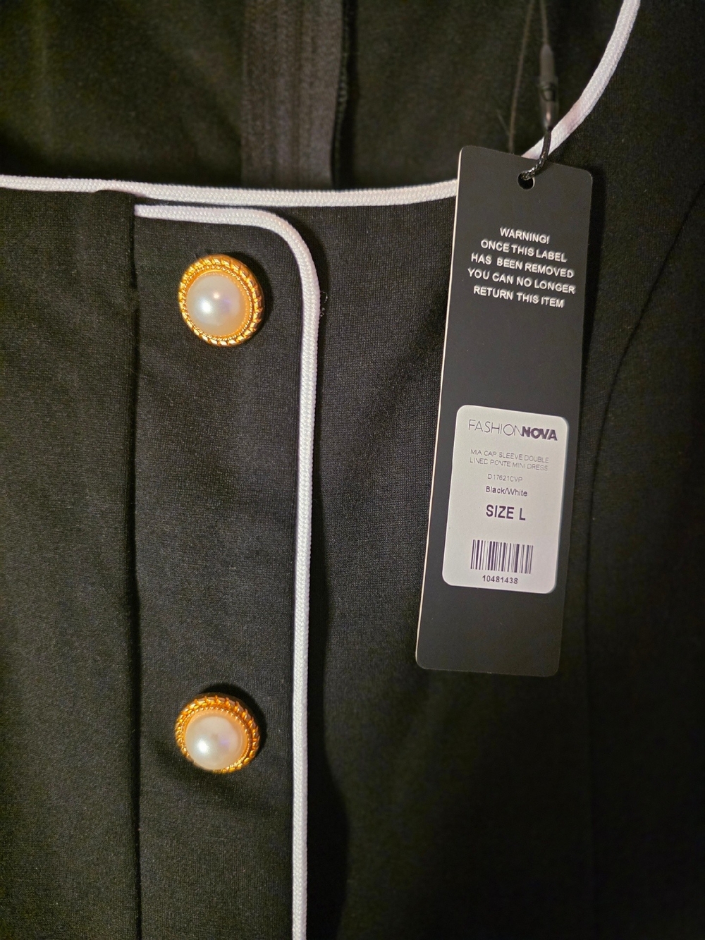 Fashion Nova Black Dress with White Piping and Gold Pearl Buttons - Picture 4 of 8